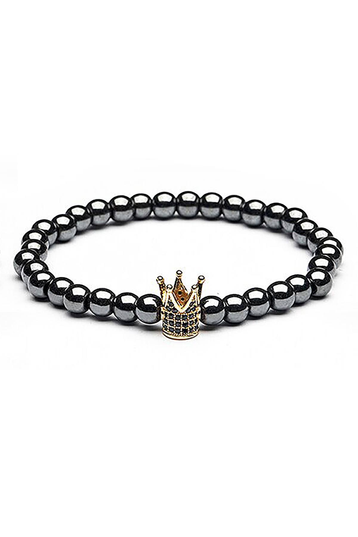 18K Gold Plated Micro Pave CZ Crown Hematite Skinny Healing Bracelet