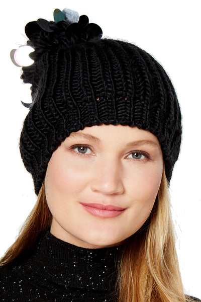 INC International Concepts Black Paillette Pom-Pom Beanie