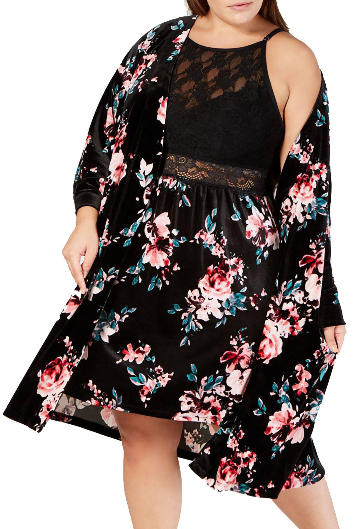 INC International Concepts PLUS Winter Break Blossom Printed Velvet Wrap Robe