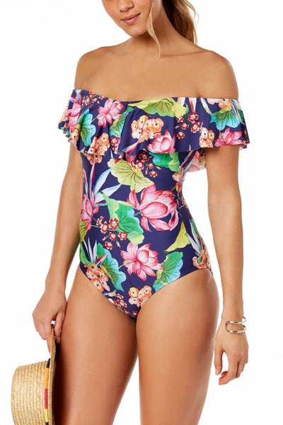 La Blanca Midnight-Blue Bora Bora Printed Off-The-Shoulder Ruffle Tummy-Control One-Piece Swimsuit