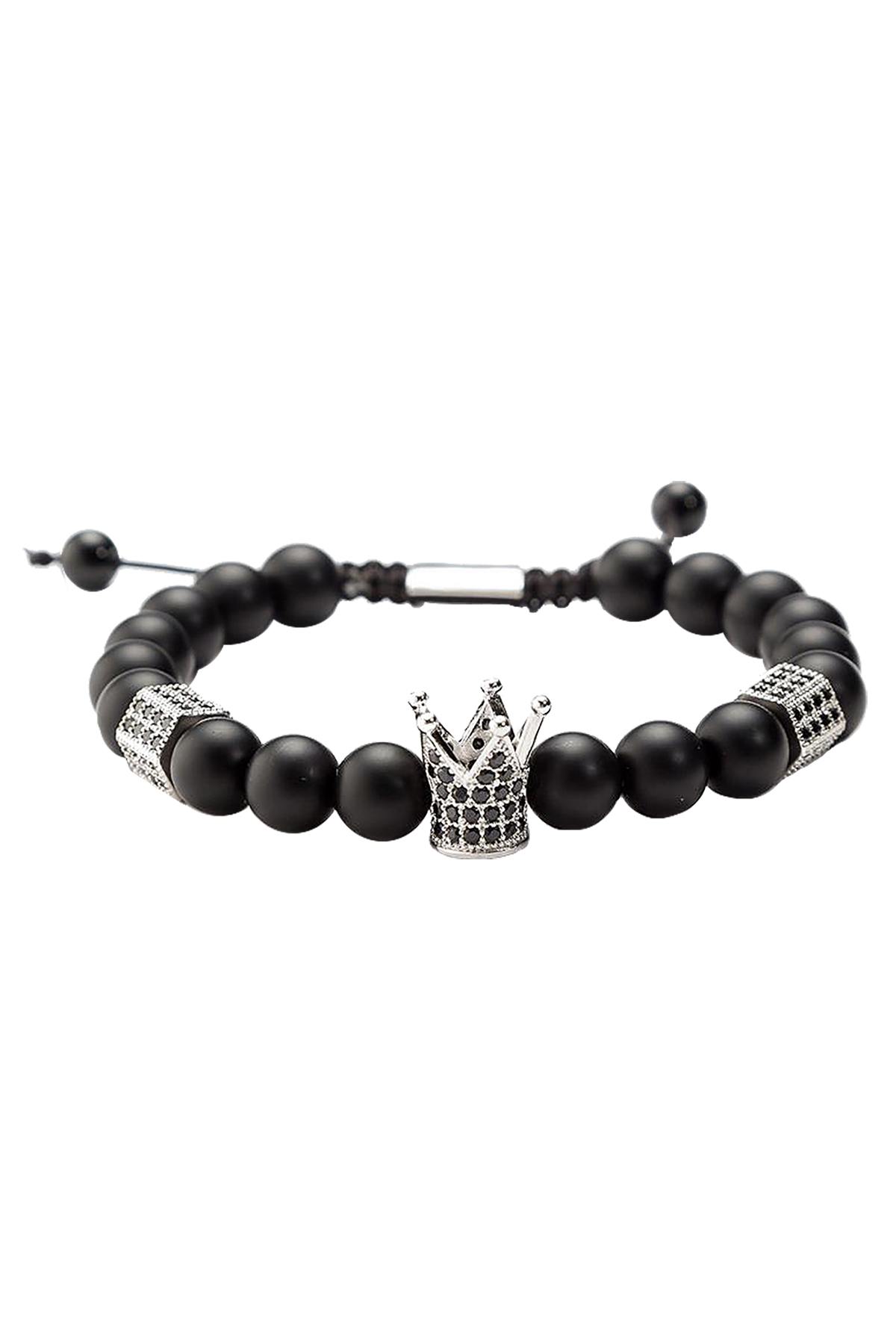 Matte Black Agate / Silver Crown / Black Micro Pavé CZ Healing Bracelet