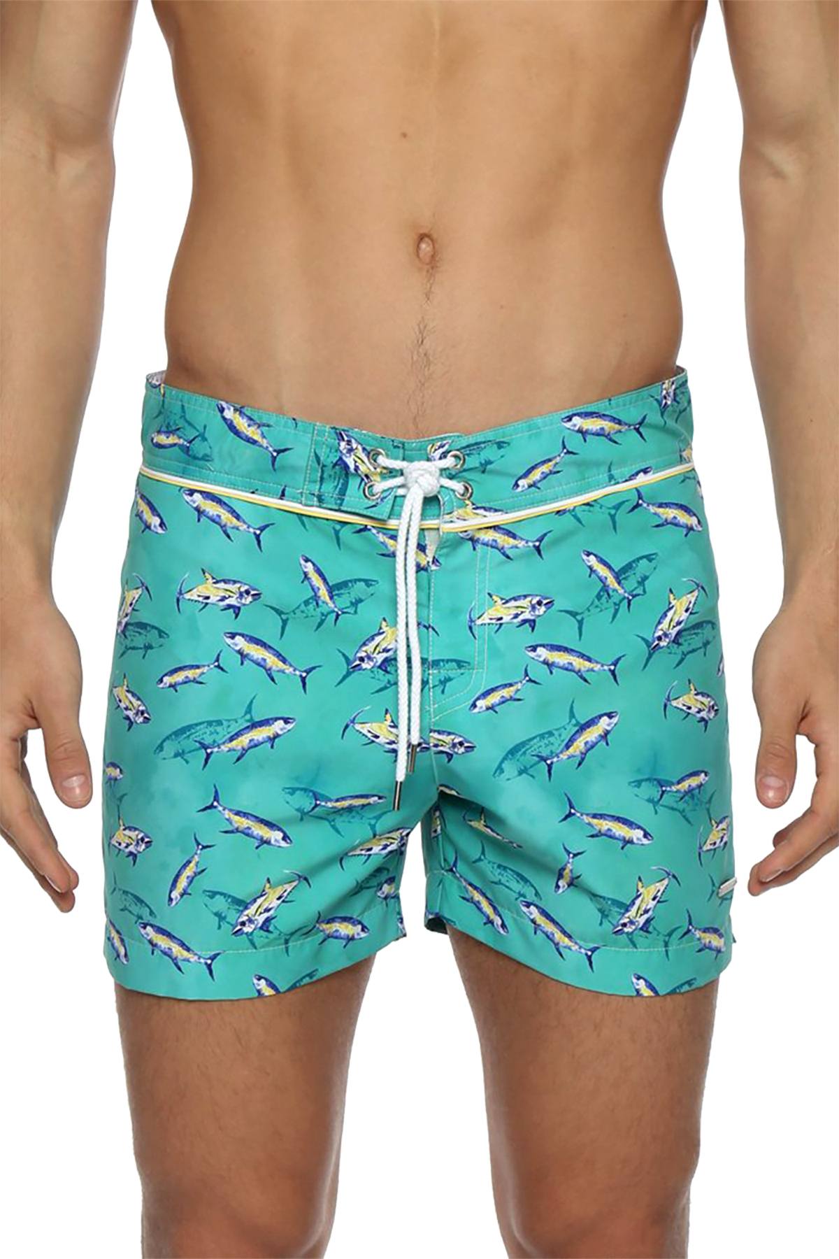 Parke and Ronen Teal Tuna Print 4" Classic Swim Short