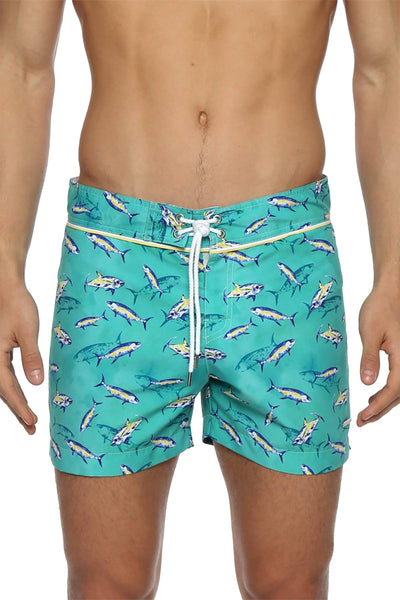 Parke and Ronen Teal Tuna Print 4" Classic Swim Short