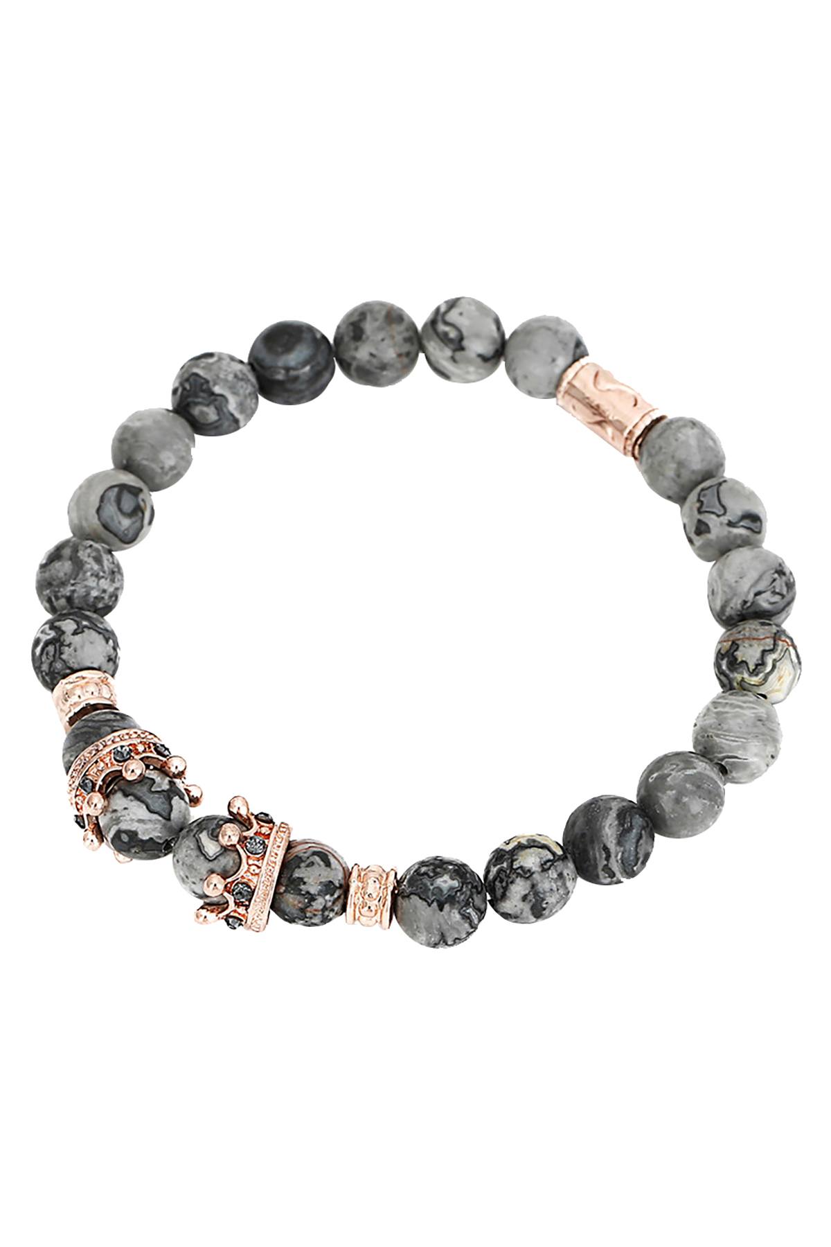 Rose-Gold Imperial Crown/Picasso Jasper Marble/Pavé Black CZ Bracelet