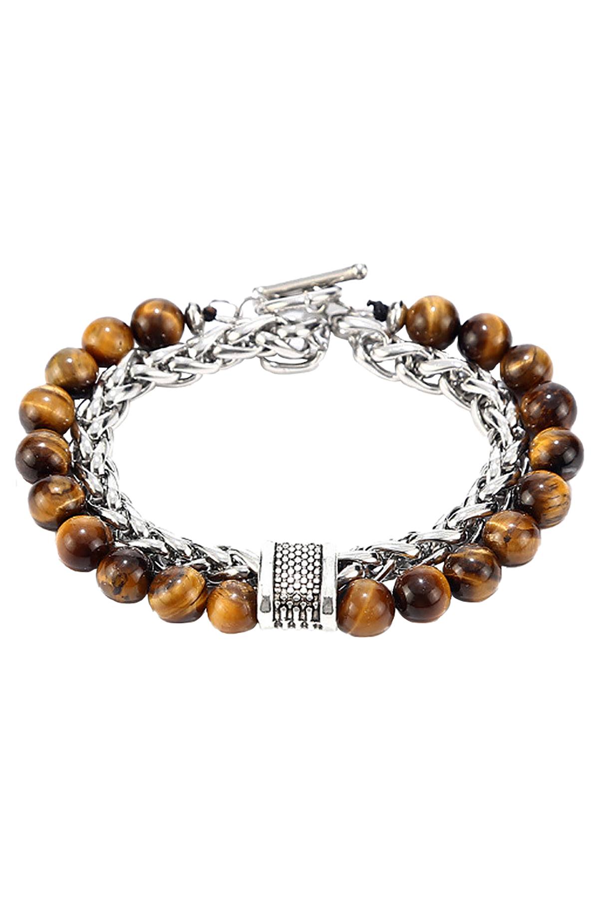 Stainless Steel / Tiger's Eye Bead and Chain Healing Bracelet